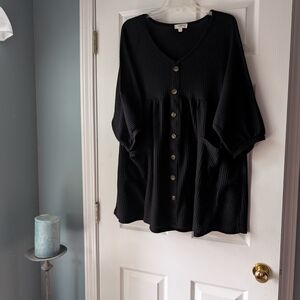 Umgee Black Waffle-Knit Midi Button Front Dress